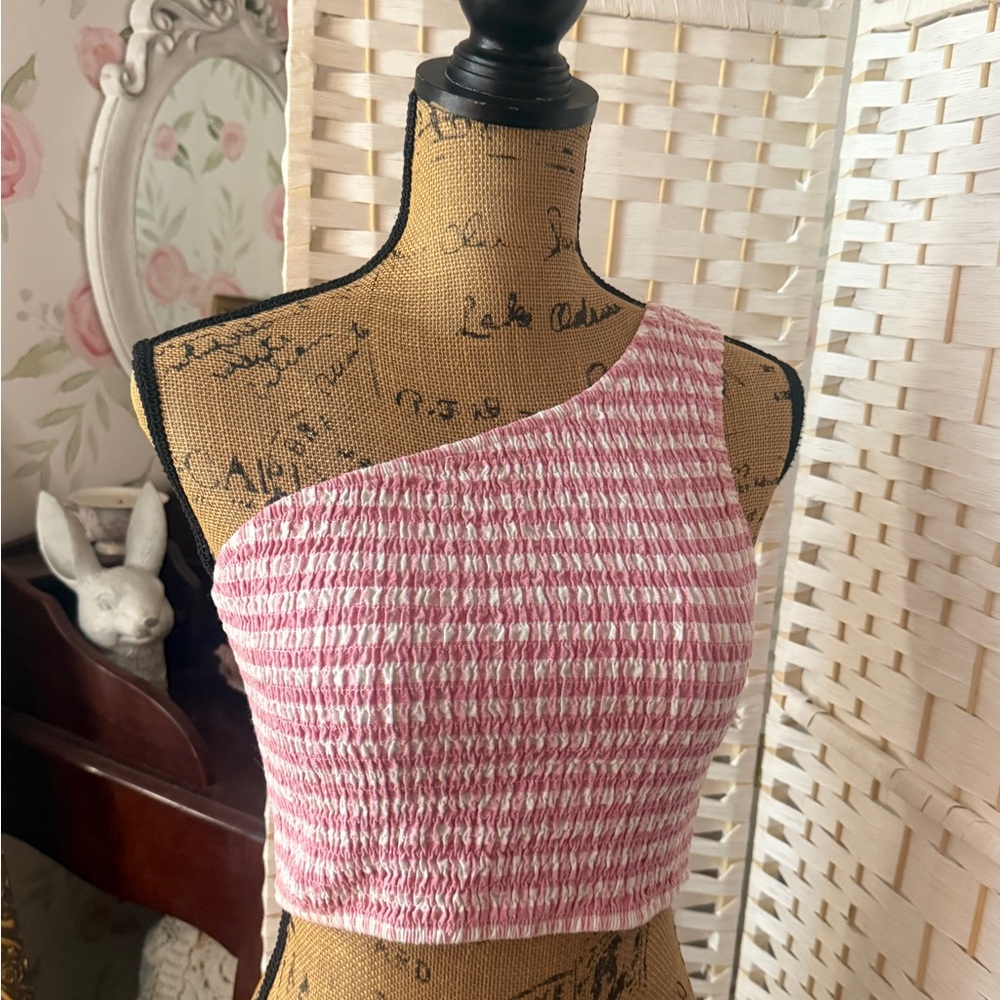 Pink Vintage Gingham Cropped One-Shoulder Top